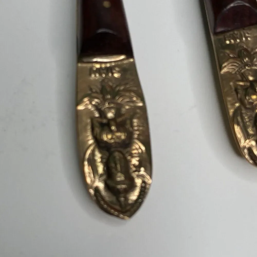 Vintage Thailand Siam Set For 8 Teak Brass Dessert Flatware w/Wooden Case